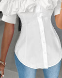 Buttoned Ruffles Asymmetrical Hem Top