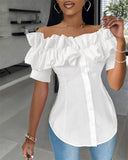 Buttoned Ruffles Asymmetrical Hem Top