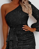 Glitter One Shoulder Party Dress Ruched Ruffles Bodycon Dress