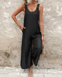 Buttoned Wide Leg Suspender Jumpsuit