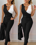 Colorblock Chain Decor Tank Top & High Waist Pants Set