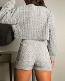 2 Piece Crewneck Long Sleeve Cable Knit Crop Sweater High Waist Shorts Tracksuits Outfits