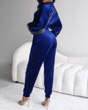 Stand Collar Zipper Design Velvet Coat &Cuffed Pants Tracksuit Set