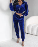 Stand Collar Zipper Design Velvet Coat &Cuffed Pants Tracksuit Set