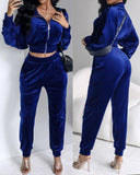 Stand Collar Zipper Design Velvet Coat &Cuffed Pants Tracksuit Set