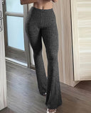 Ribbed High Waisted Elasticity Slim Fit Flared Pants Sporty Casual Pants