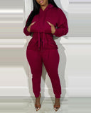 Shirred Pocket Design Crop Hoodie & High Waist Cuffed Sweatpants Set