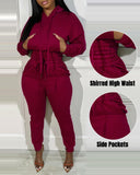 Shirred Pocket Design Crop Hoodie & High Waist Cuffed Sweatpants Set