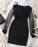 Glitter Sheer Mesh V Neck Long Sleeve Party Dress