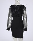 Glitter Sheer Mesh V Neck Long Sleeve Party Dress