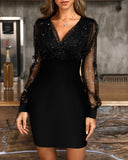 Glitter Sheer Mesh V Neck Long Sleeve Party Dress