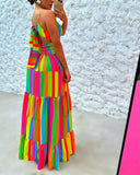 Rainbow Stripe Print Halter Backless Maxi Dress