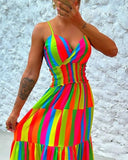 Rainbow Stripe Print Halter Backless Maxi Dress