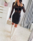 Turn down Collar Long Sleeve Contrast Lace Bodycon Dress Button Front Slim Fit Mini Dress