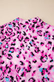 Rose Leopard Print Buttoned Front 3/4 Sleeve Tiered Ruffled Hem Dress