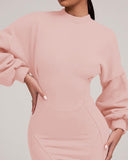 O neck Lantern Sleeve Mini Bodycon Sweatshirt Dress