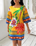 Tropical Print Boat Neck Casual Dress