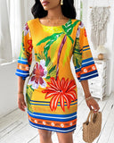 Tropical Print Boat Neck Casual Dress