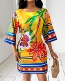 Tropical Print Boat Neck Casual Dress