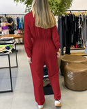 Lapel V neck Collar Shirred Drawstring Waist Jumpsuit