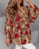 Colorblock Leopard Print Stand Collar Casual Blouse Lantern Sleeve Loose Fit Top