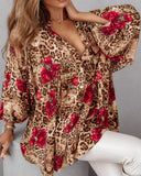 Colorblock Leopard Print Stand Collar Casual Blouse Lantern Sleeve Loose Fit Top