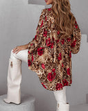 Colorblock Leopard Print Stand Collar Casual Blouse Lantern Sleeve Loose Fit Top