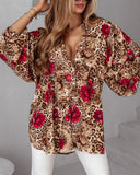 Colorblock Leopard Print Stand Collar Casual Blouse Lantern Sleeve Loose Fit Top