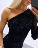 One Shoulder Long Sleeve Bodycon Dress Rhinestone Slim Fit Party Dress