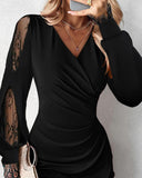 V Neck Long Sleeve Lace Patch Ruched Wrap Dress