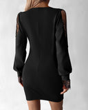 V Neck Long Sleeve Lace Patch Ruched Wrap Dress