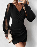 V Neck Long Sleeve Lace Patch Ruched Wrap Dress