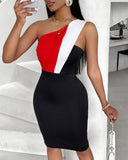 Colorblock One Shoulder Sleeveless Skinny Party Dress