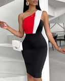 Colorblock One Shoulder Sleeveless Skinny Party Dress