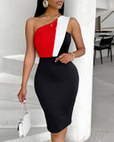 Colorblock One Shoulder Sleeveless Skinny Party Dress