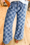 Dusk Blue Plus Size Checkered Seamed High Waist Wide Leg Jeans