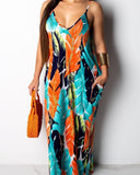 Leaf Print Pocket Design Maxi Dress