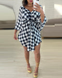 Plaid Print Batwing Sleeve Tied Detail Mini Dress