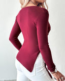 V Neck Long Sleeve Ruched Asymmetrical Hem Knit Sweater