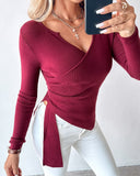 V Neck Long Sleeve Ruched Asymmetrical Hem Knit Sweater