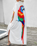 Parrot Print Batwing Sleeve Maxi Shirt Dress