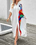 Parrot Print Batwing Sleeve Maxi Shirt Dress