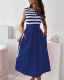 Striped Bowknot Decor Pocket Design Casual Dress