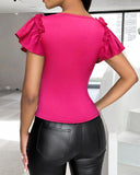 Rose Detail Frill Hem Pearls Decor Top