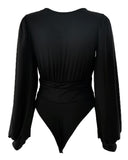 Plunge Puff Sleeve Ruched Bodysuit