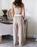 2 Piece Stripped V Neck Crop Sleeveless Button Front Vest Casual Wide Leg Pants with Pockets Outfit Set