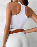 Seamless Buttoned V Neck Sleeveless Rib Knit Crop Top