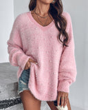 Beaded Decor V neckline Long Sleeve Fluffy Oversized Sweater