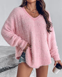 Beaded Decor V neckline Long Sleeve Fluffy Oversized Sweater