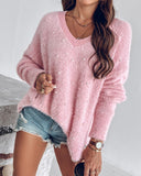 Beaded Decor V neckline Long Sleeve Fluffy Oversized Sweater